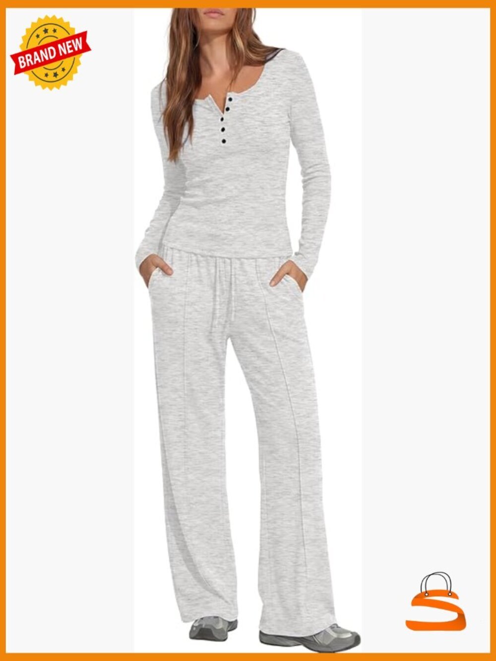 Women's 2 Piece Lounge Set Long Sleeve Henley Wide Leg Pants Outfit